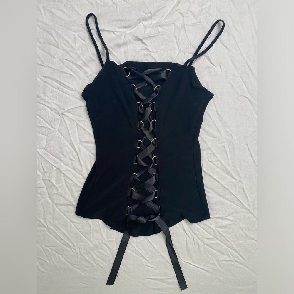 Rave medium Black Vintage Made in USA Strappy Front Top - Picture 5 of 11